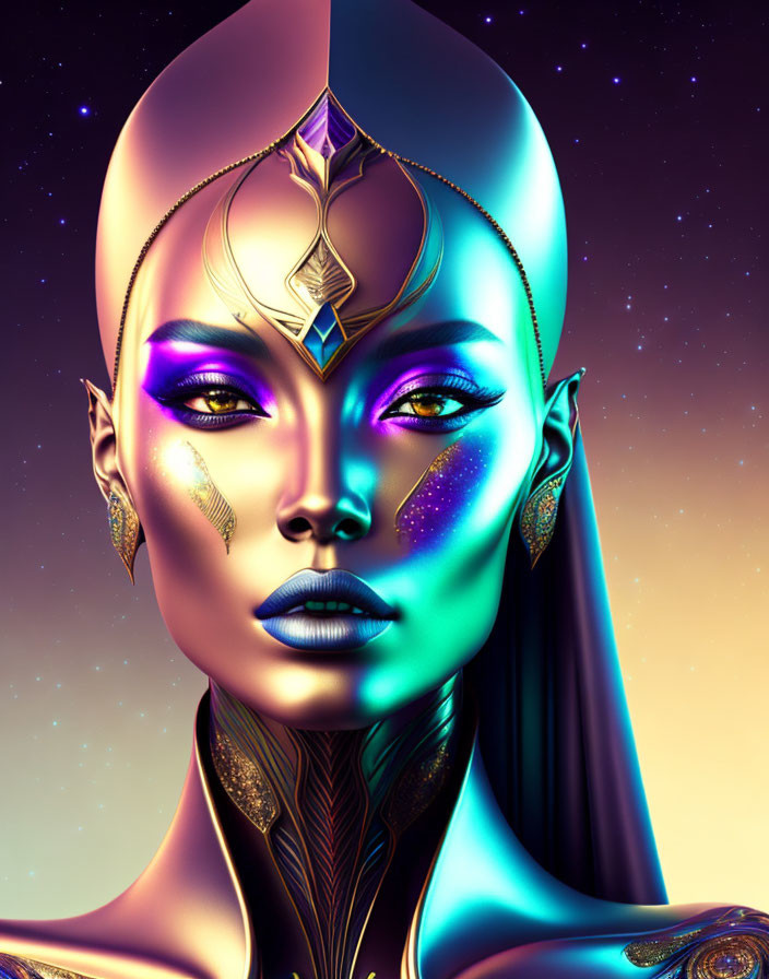 Vibrant digital art portrait: woman with golden headdress, cosmic background, iridescent skin