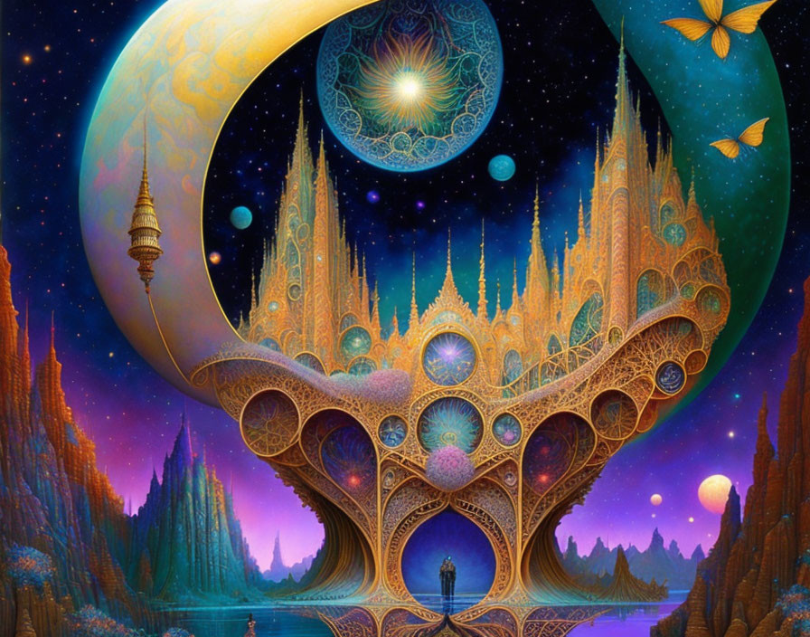 Surreal Landscape with Spiraling Architecture and Colors