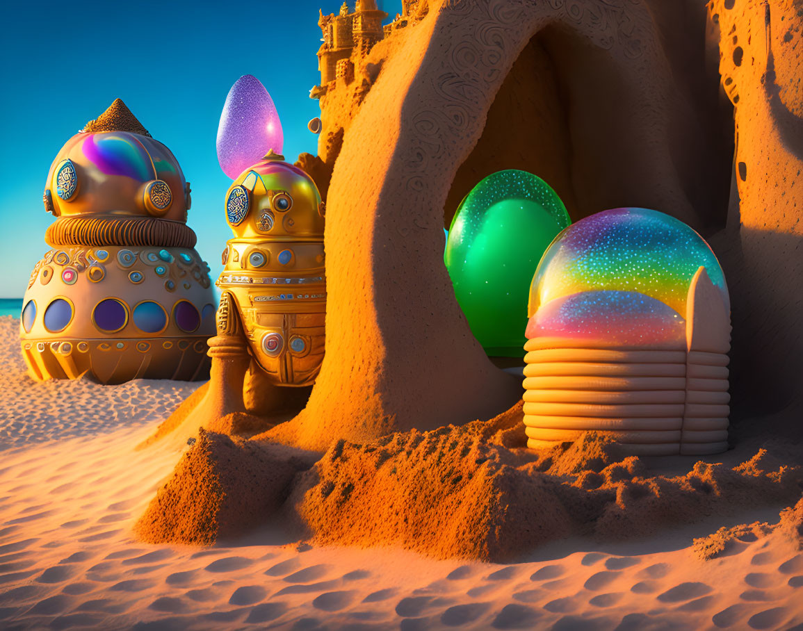 Decorative Easter eggs in intricate sandcastle setting