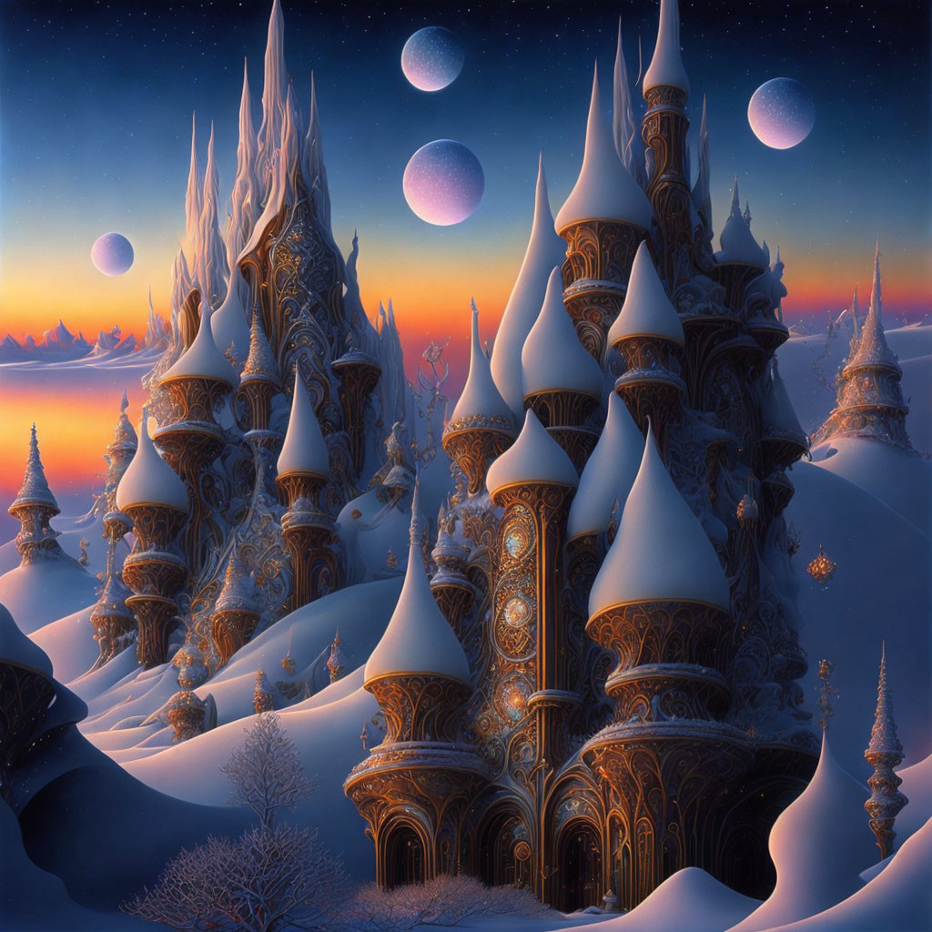 Ornate castle in winter dusk with multiple moons