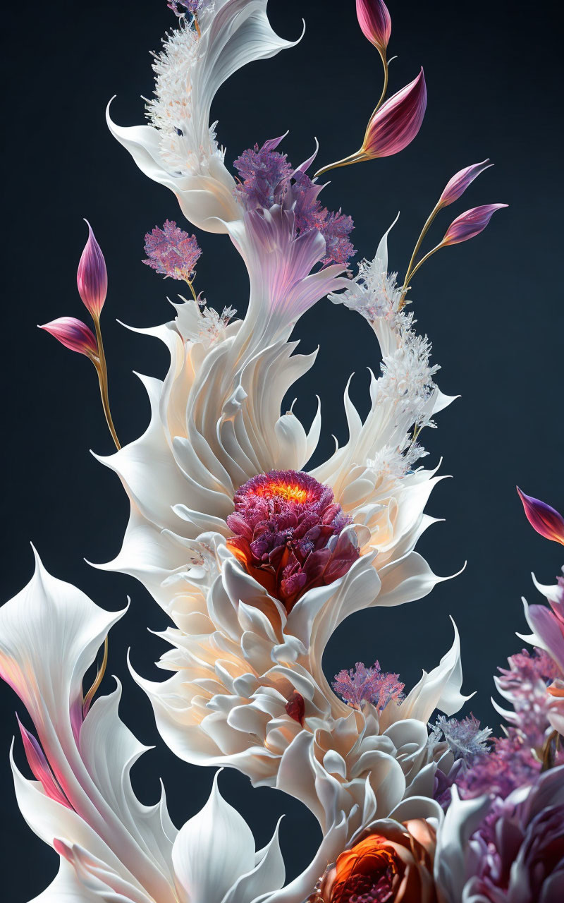 Surreal bouquet of flowers with intricate textures in white, purple, and pink tones