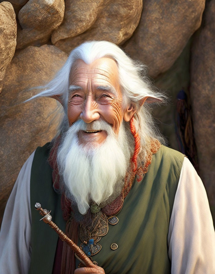 Elderly animated character with long white beard and staff in green robe