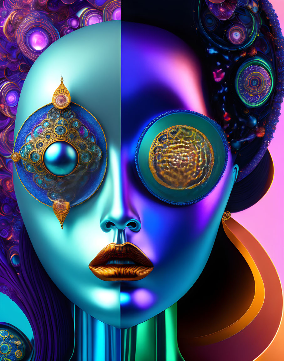 Symmetrical face digital artwork with blue and gold peacock feather motifs