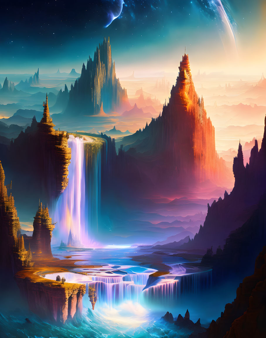 Majestic landscape with cliffs, waterfall, lakes, and distant planets