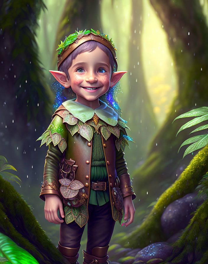 Cheerful elf in green outfit in enchanted forest with sunlight filtering through trees