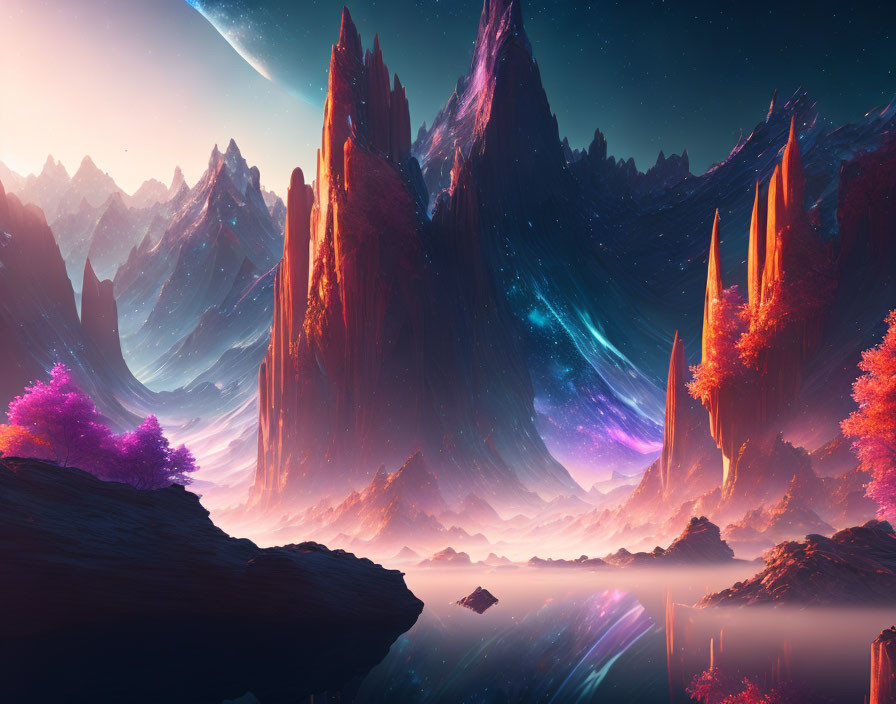 Fantastical landscape with towering spires, vibrant nebula, and colorful twilight