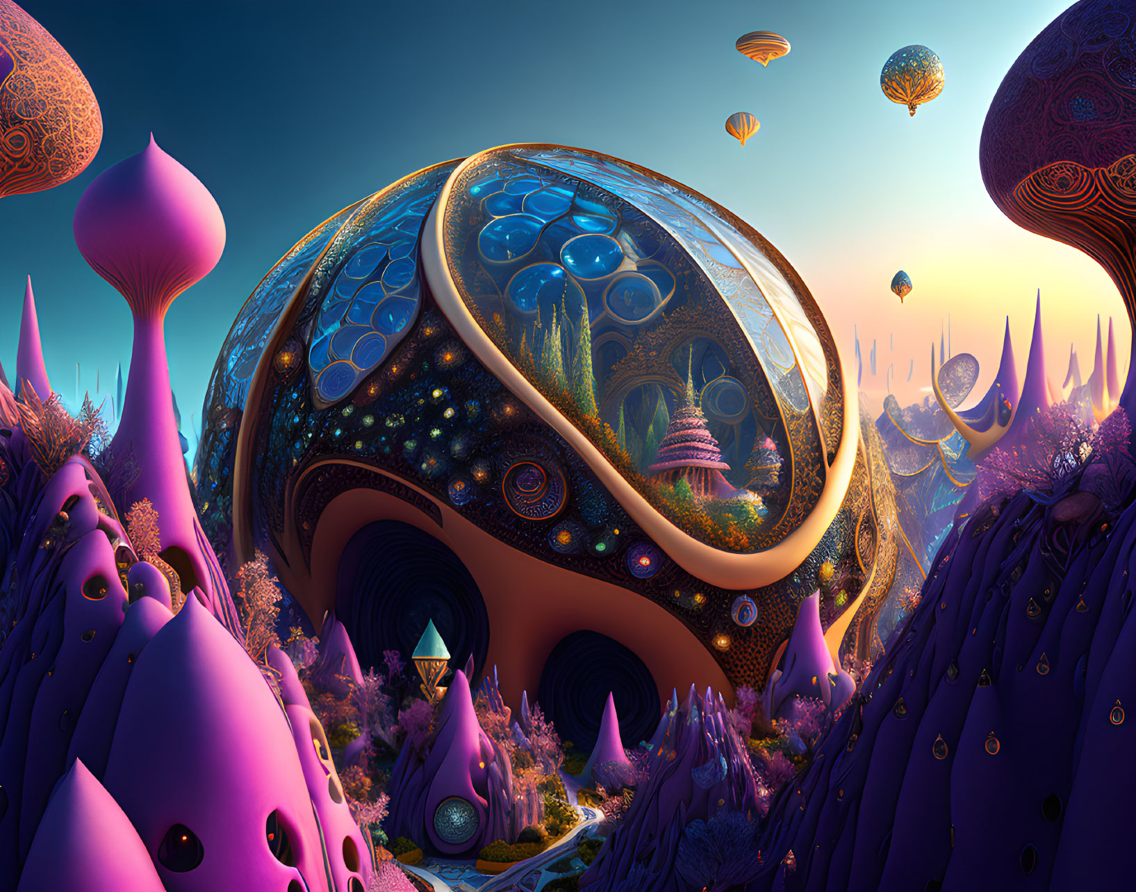 Colorful Organic Fantasy Architecture in Twilight Sky