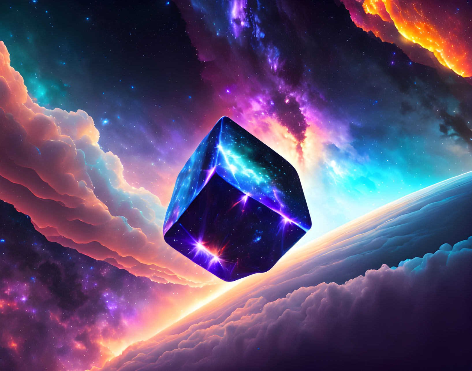 Colorful cosmic scene with glowing cube, nebulas, stars, and planet atmosphere.