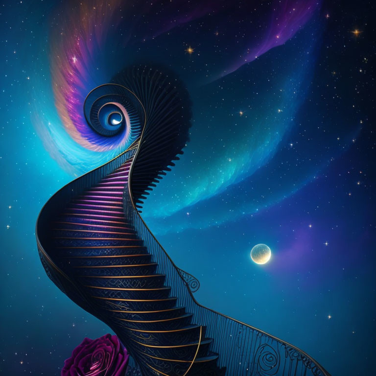 Surreal spiral staircase under starry night sky with galaxy and blooming rose