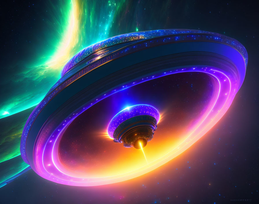 Colorful Futuristic UFO with Neon Lights in Cosmic Setting