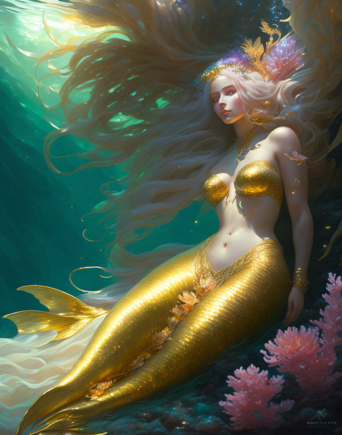 Golden mermaid with flowing hair and crown in ethereal underwater scene surrounded by coral