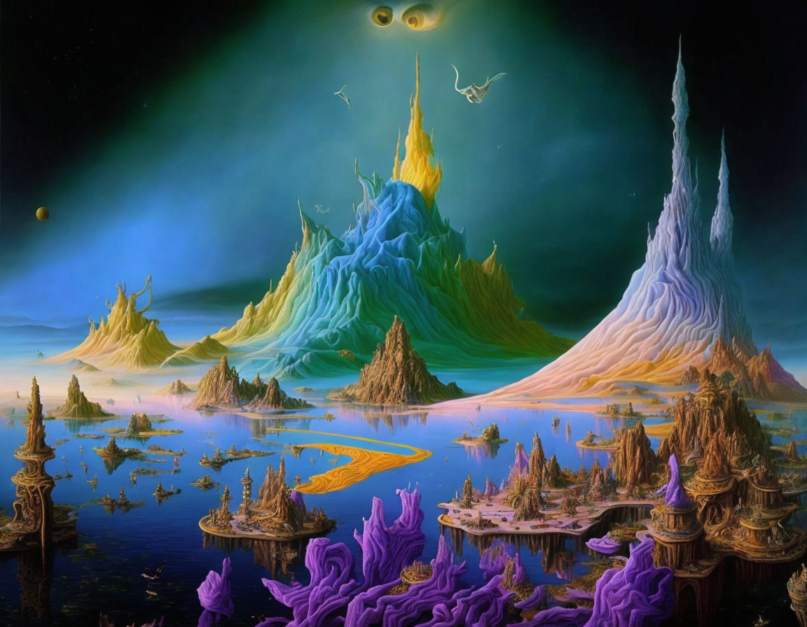 Colorful Mountain Formations, Floating Islands, and Alien Structures in Fantasy Landscape