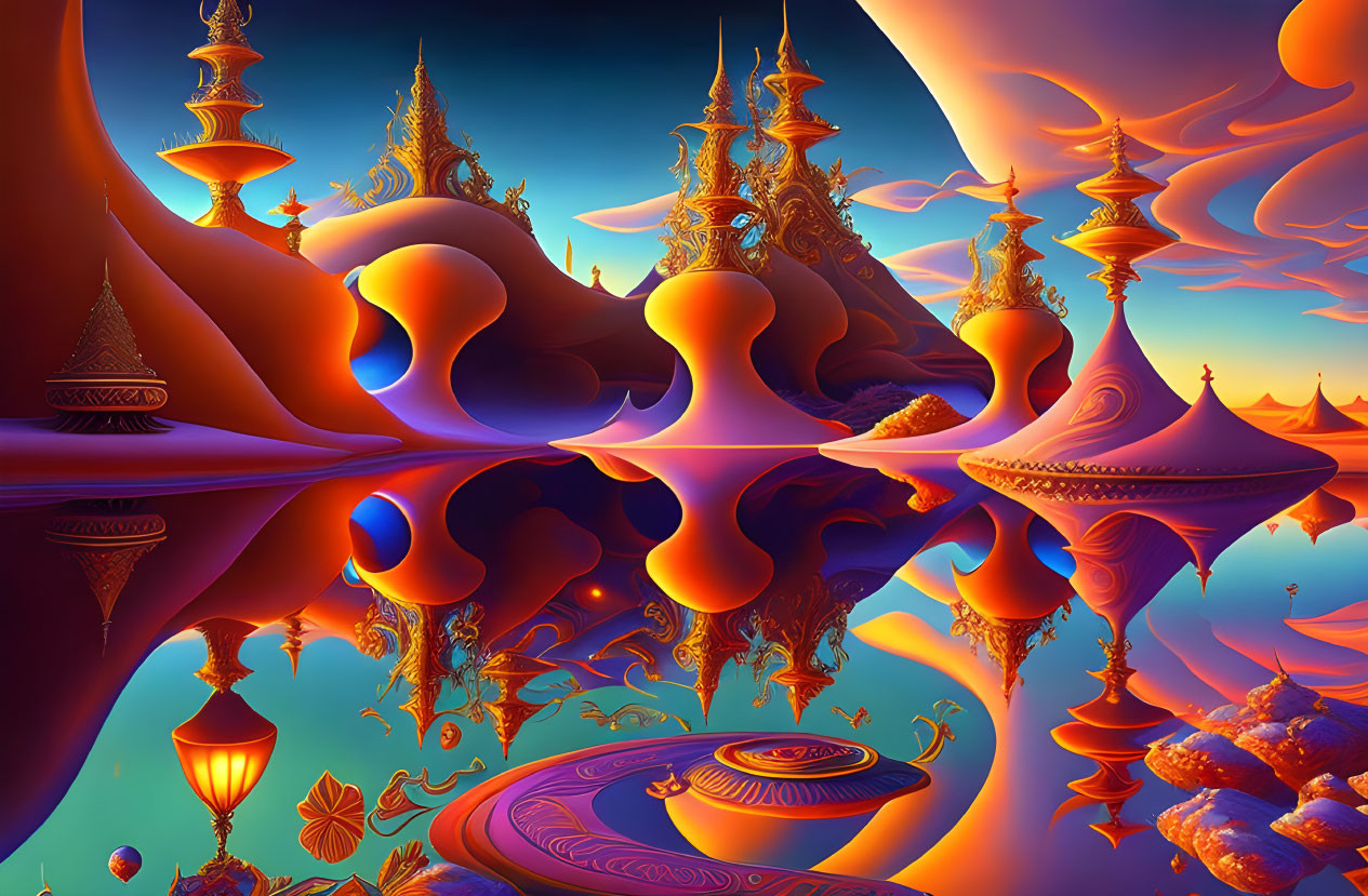 Surreal landscape with fluid structures and golden spires