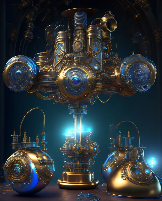 Steampunk apparatus with brass and copper details under blue lights