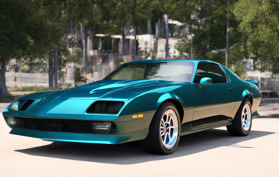 Teal vintage muscle car with white stripes and chrome wheels parked on urban road