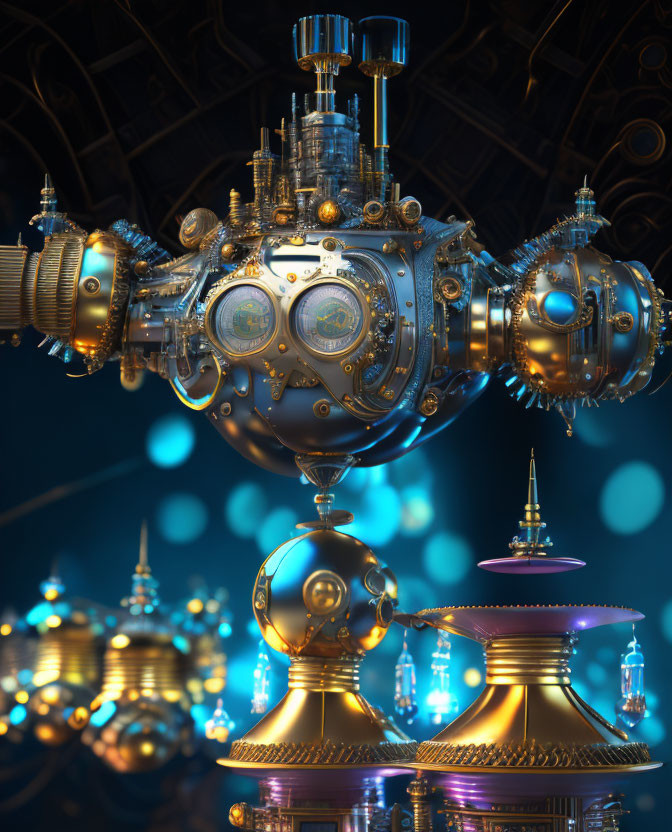 Detailed 3D Render of Steampunk Artifact with Glowing Elements