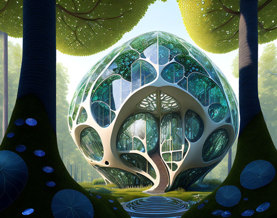 Glass-walled spherical treehouse in enchanted forest