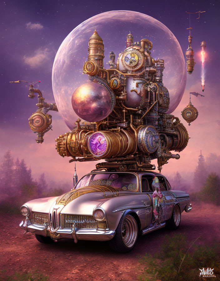 Vintage Car with Steampunk Contraption, Moon, Orbs, and Fairy Figurine