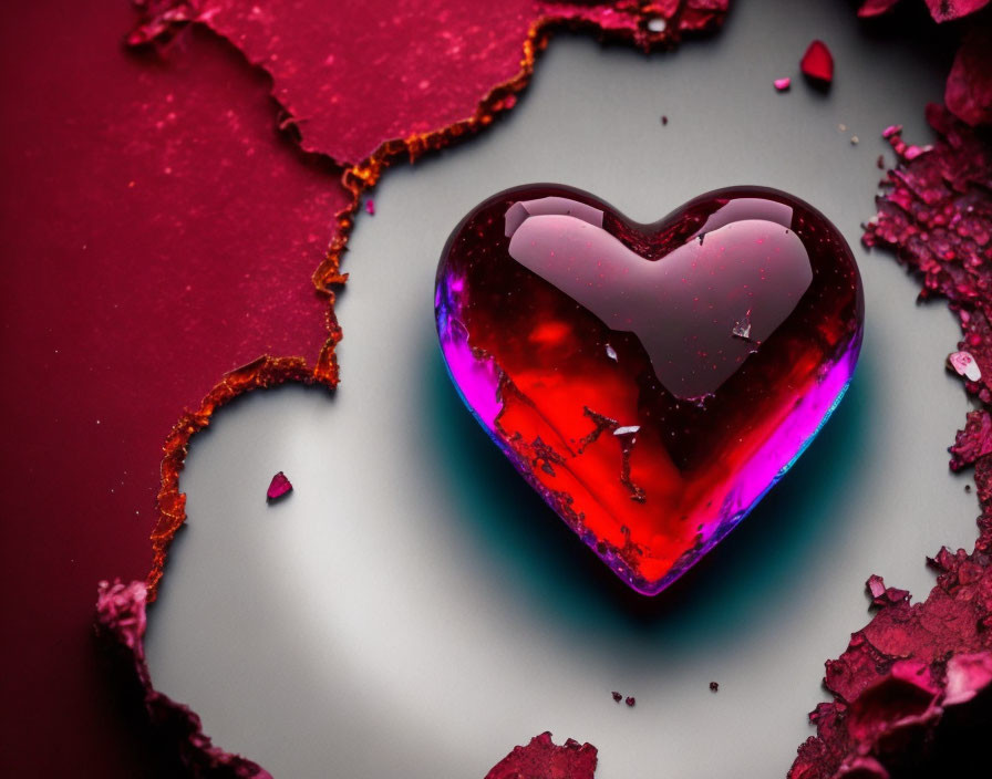 Red Heart-shaped Object Surrounded by Cracked Textures in Red and Purple