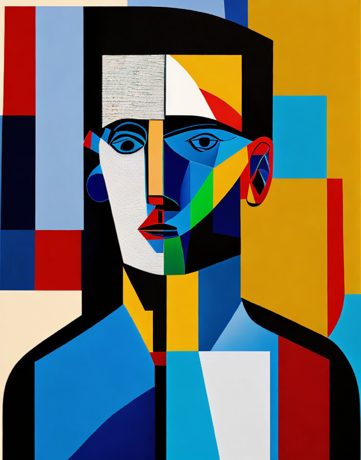 Cubist-style portrait with sharp geometric shapes and bold colors