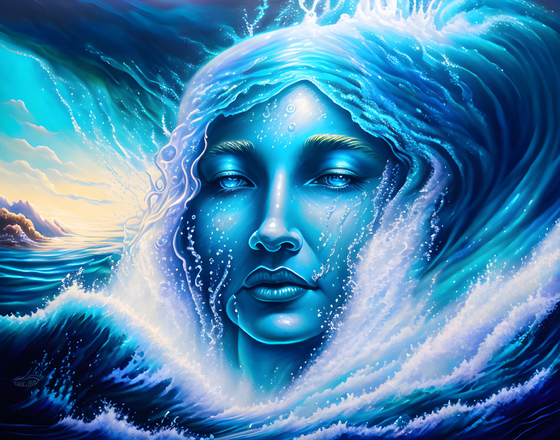 Surreal illustration: woman's face merging with ocean waves under blue sky