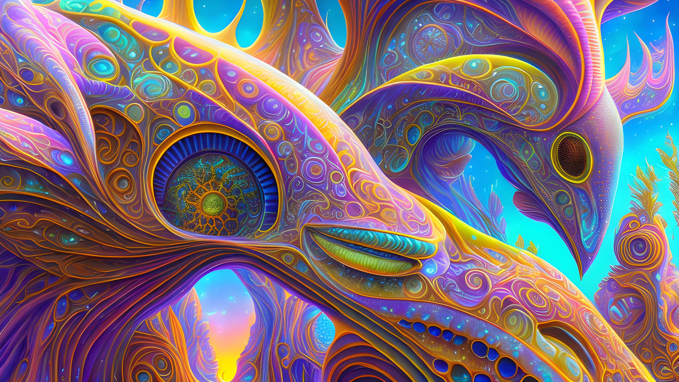 Colorful Psychedelic Artwork with Surreal Alien Forms and Elaborate Patterns