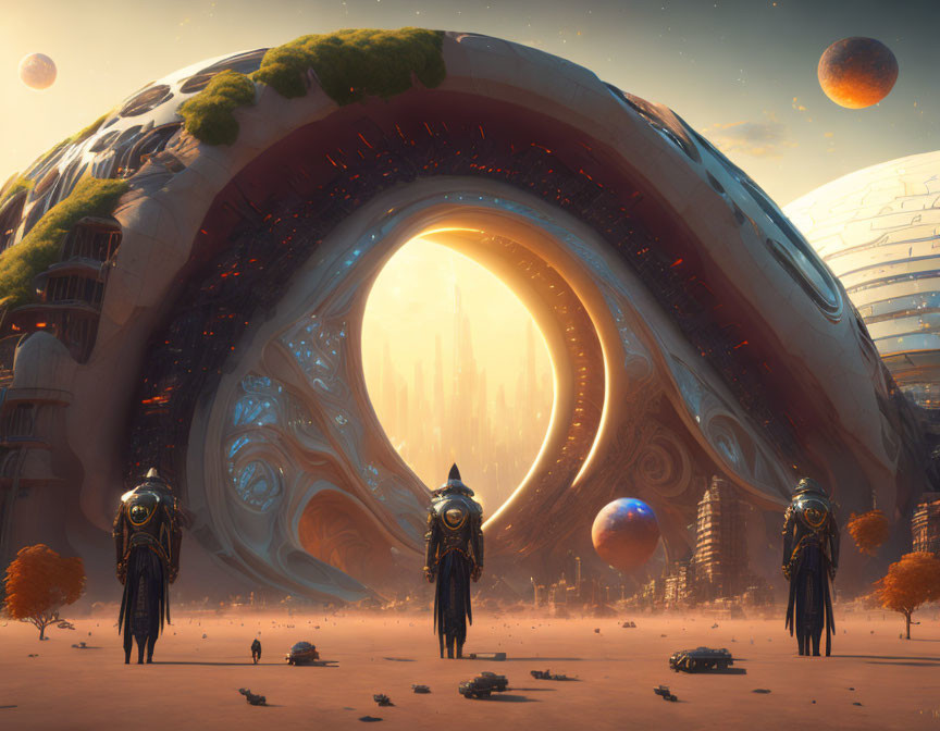 Futuristic landscape with ring-shaped structure and towering figures in capes