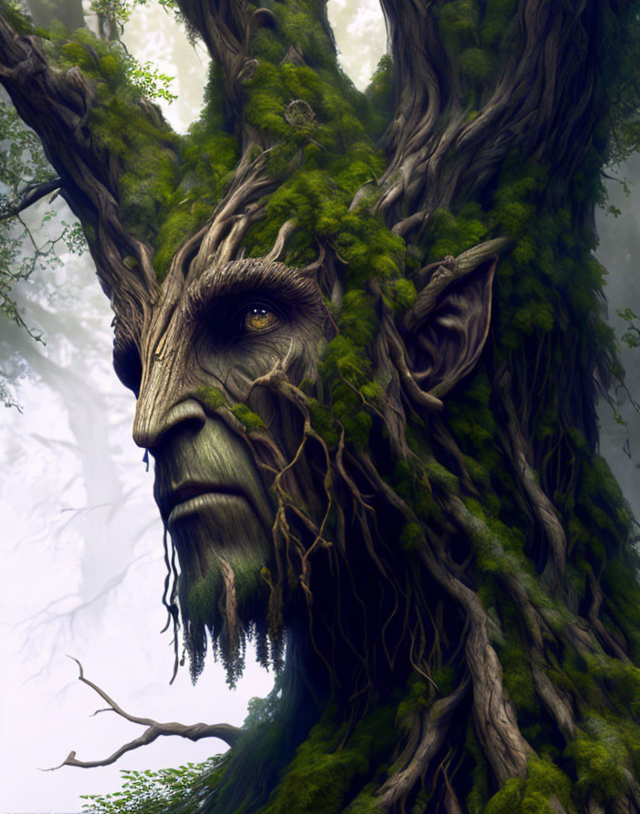 Mossy-bearded ent-like creature emerges from tree trunk