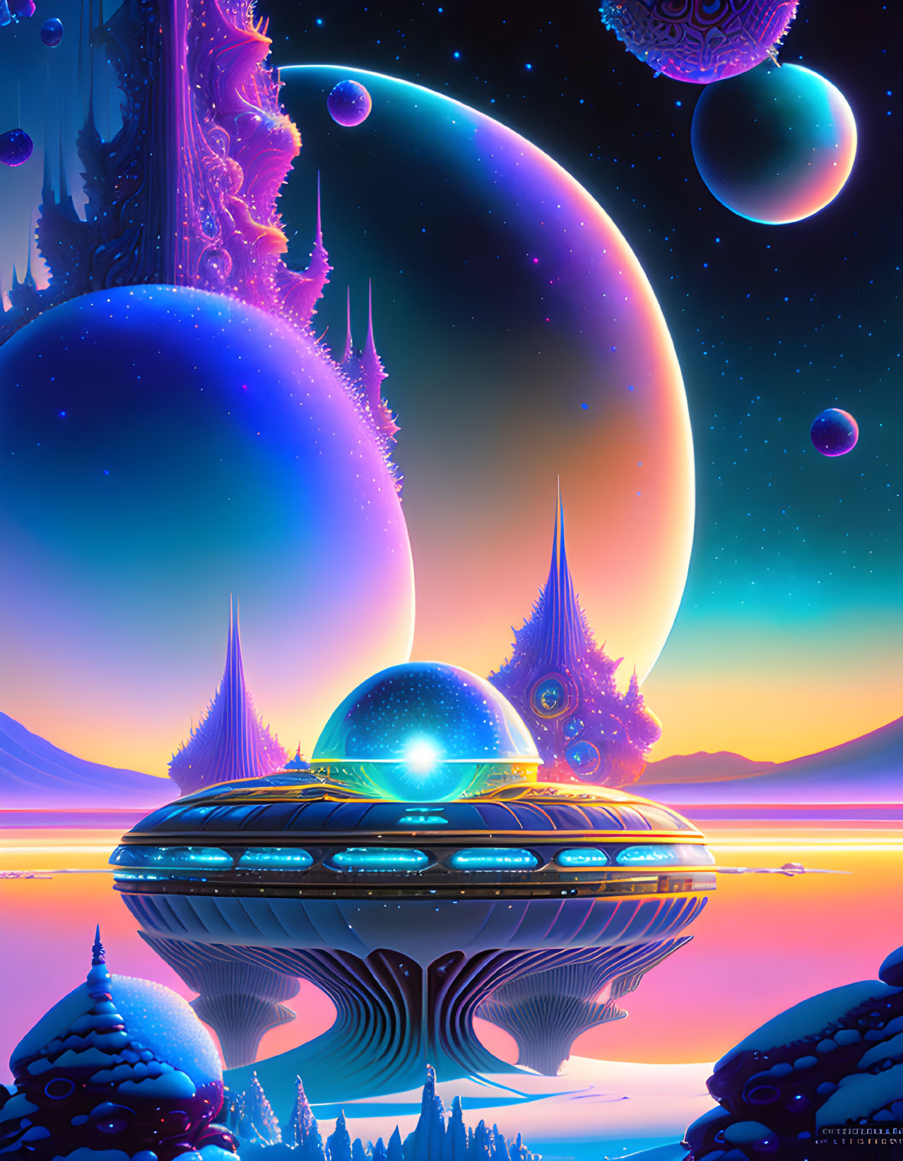 Futuristic cityscape with floating building and celestial bodies