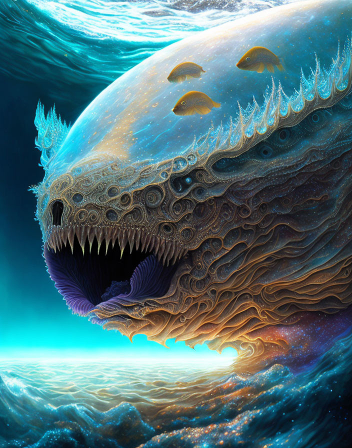 Colorful layered creature with gaping mouth in deep-sea setting