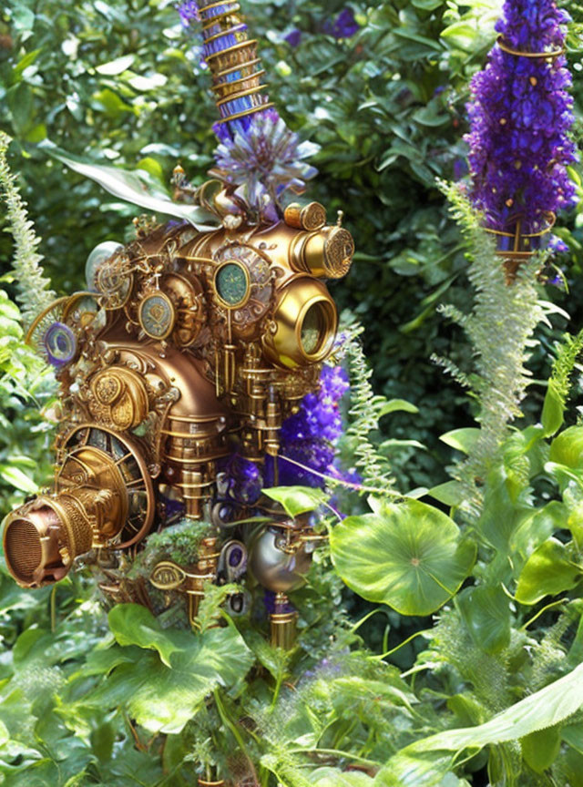 Steampunk-inspired camera surrounded by purple flowers and green foliage