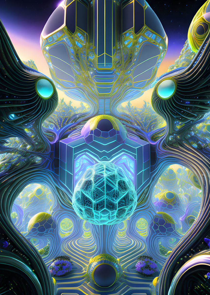 Colorful digital artwork: Blue geometric shape amidst alien structures at twilight