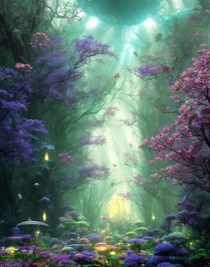 Enchanting forest with purple foliage, sunbeams, and glowing mushrooms