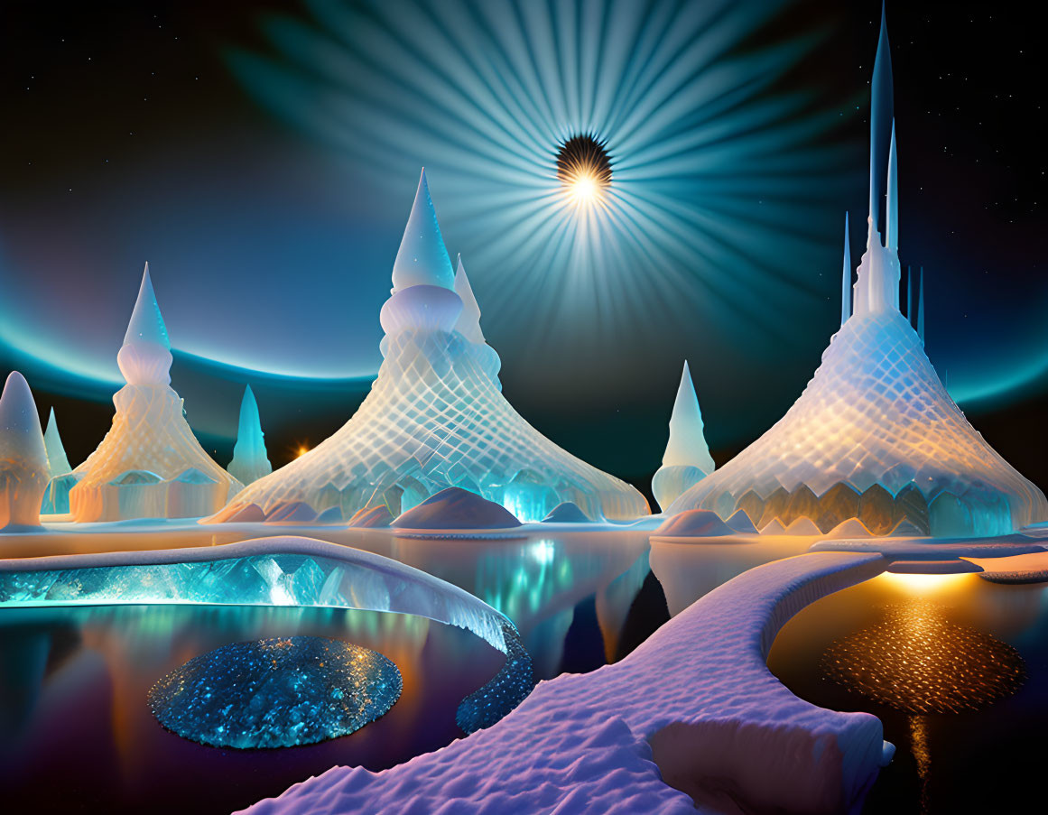 Futuristic icy landscape with crystalline structures under starburst sky
