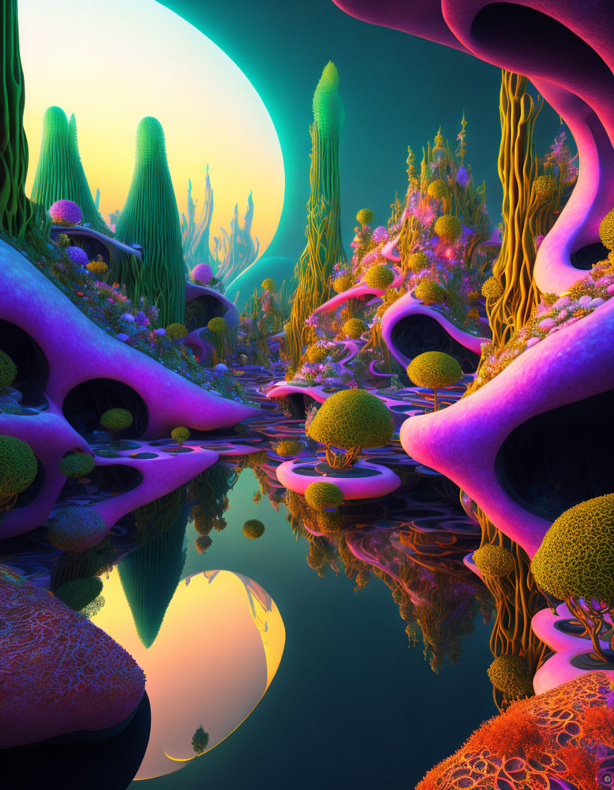 Colorful Alien Landscape with Reflective Water, Exotic Flora, and Large Neon Moon