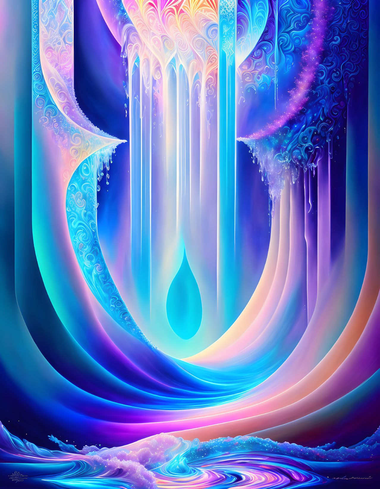 Abstract fantastical landscape with flowing curtains and icicle-like structures