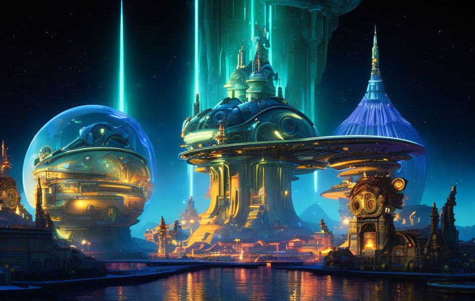 Futuristic night cityscape with illuminated buildings and floating orbs