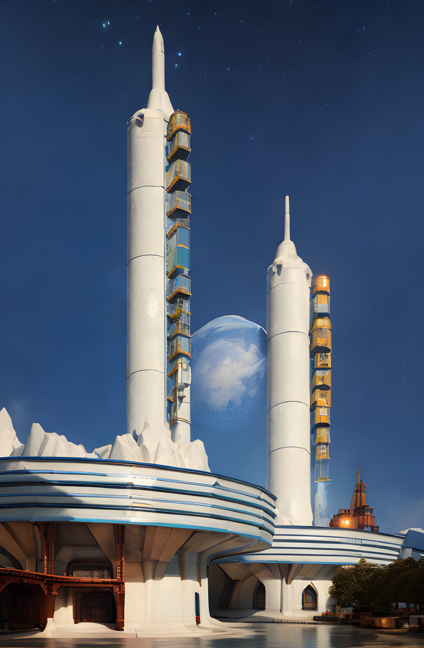 Futuristic spaceport with towering rockets and modern buildings against starry night sky