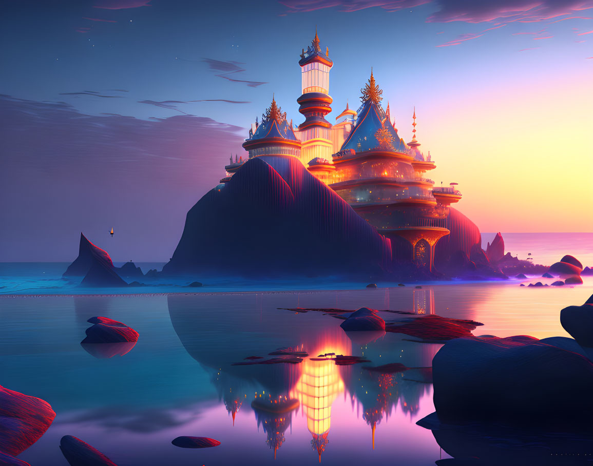 Fantastical castle on island reflected in tranquil sea at sunset