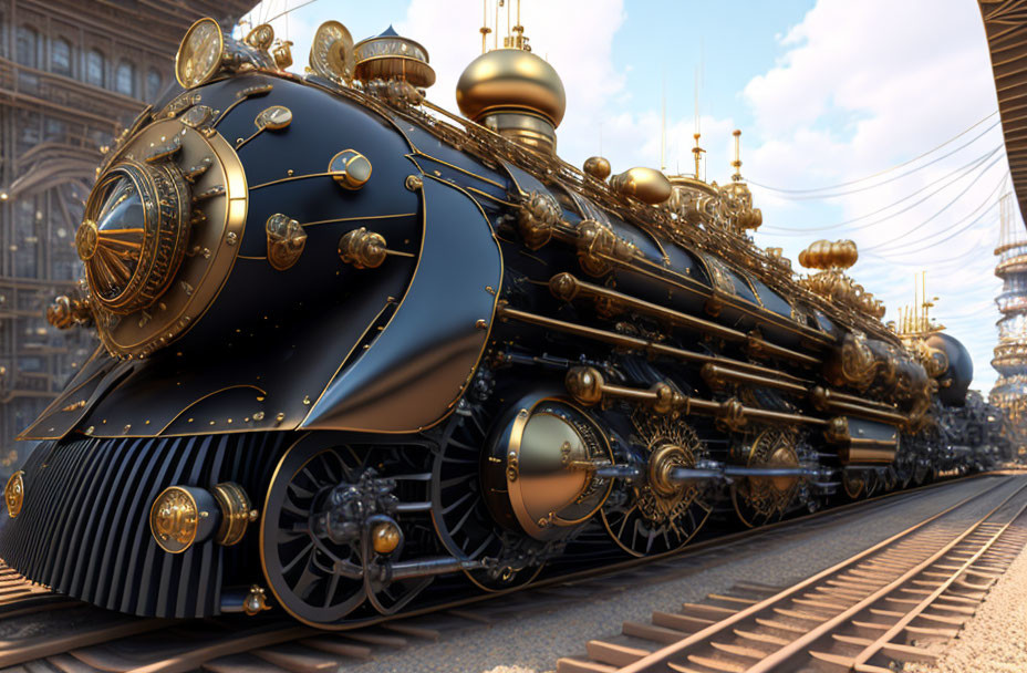 Steampunk-style train with gold detailing on industrial track and architecture