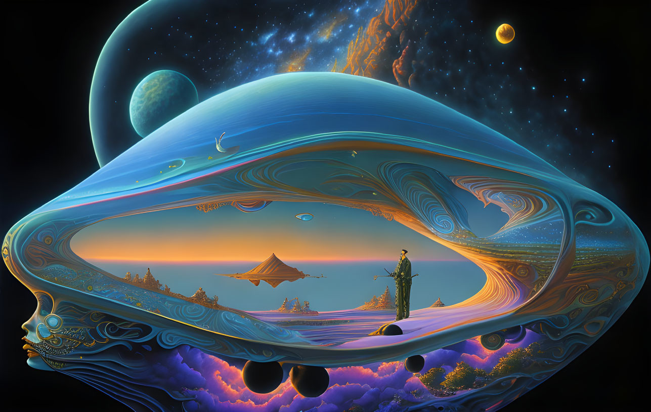 Surreal landscape with figure on precipice and celestial body in cosmic backdrop