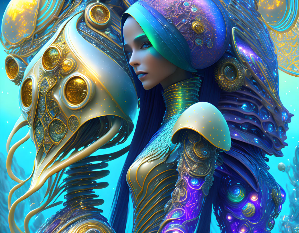 Blue-skinned female figure with intricate headdress and armor in digital art