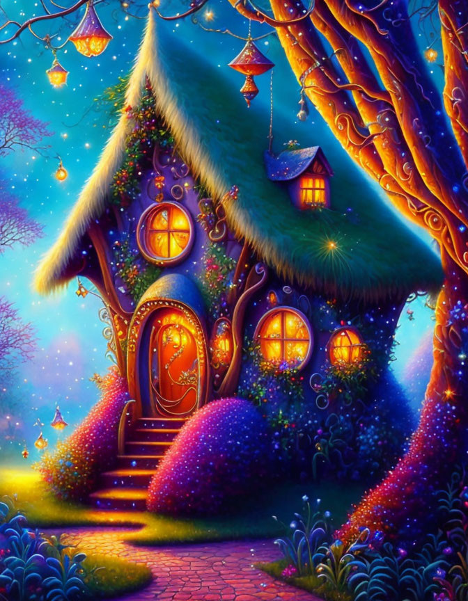 Colorful Treehouse Illustration with Glowing Windows at Twilight