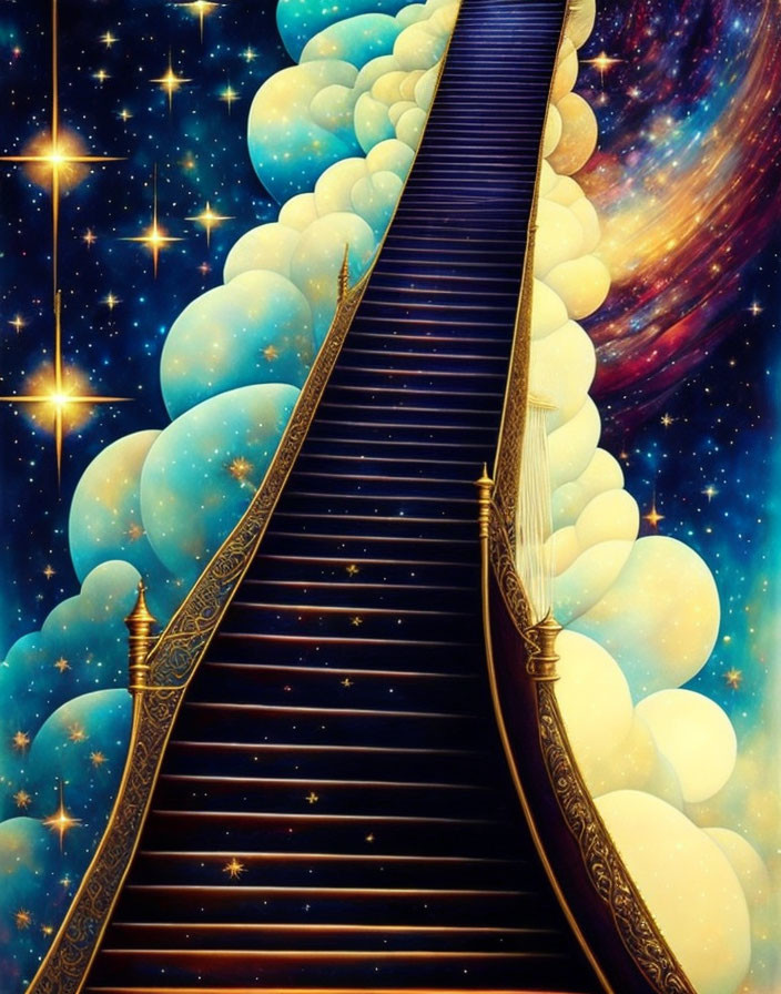 Whimsical staircase leading to celestial clouds and stars