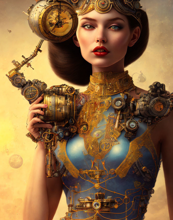 Steampunk-style Woman in Metallic Gears on Sepia Background