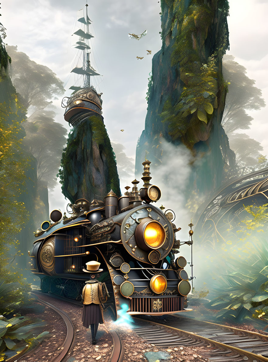 Fantastical steam train on tracks beneath towering rock with ship in misty forest landscape