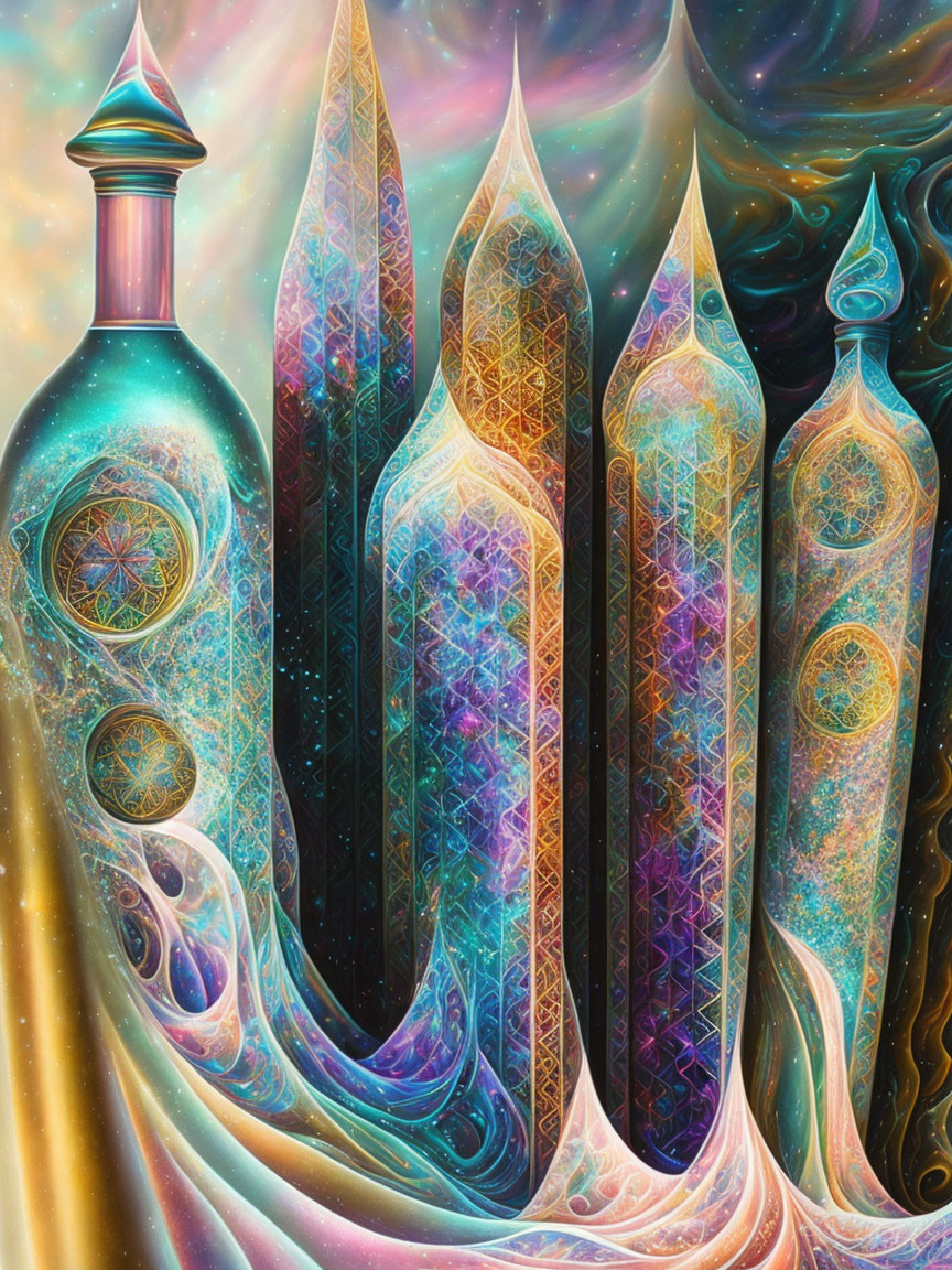 Colorful psychedelic digital artwork: ornate fractal towers & cosmic bottle.