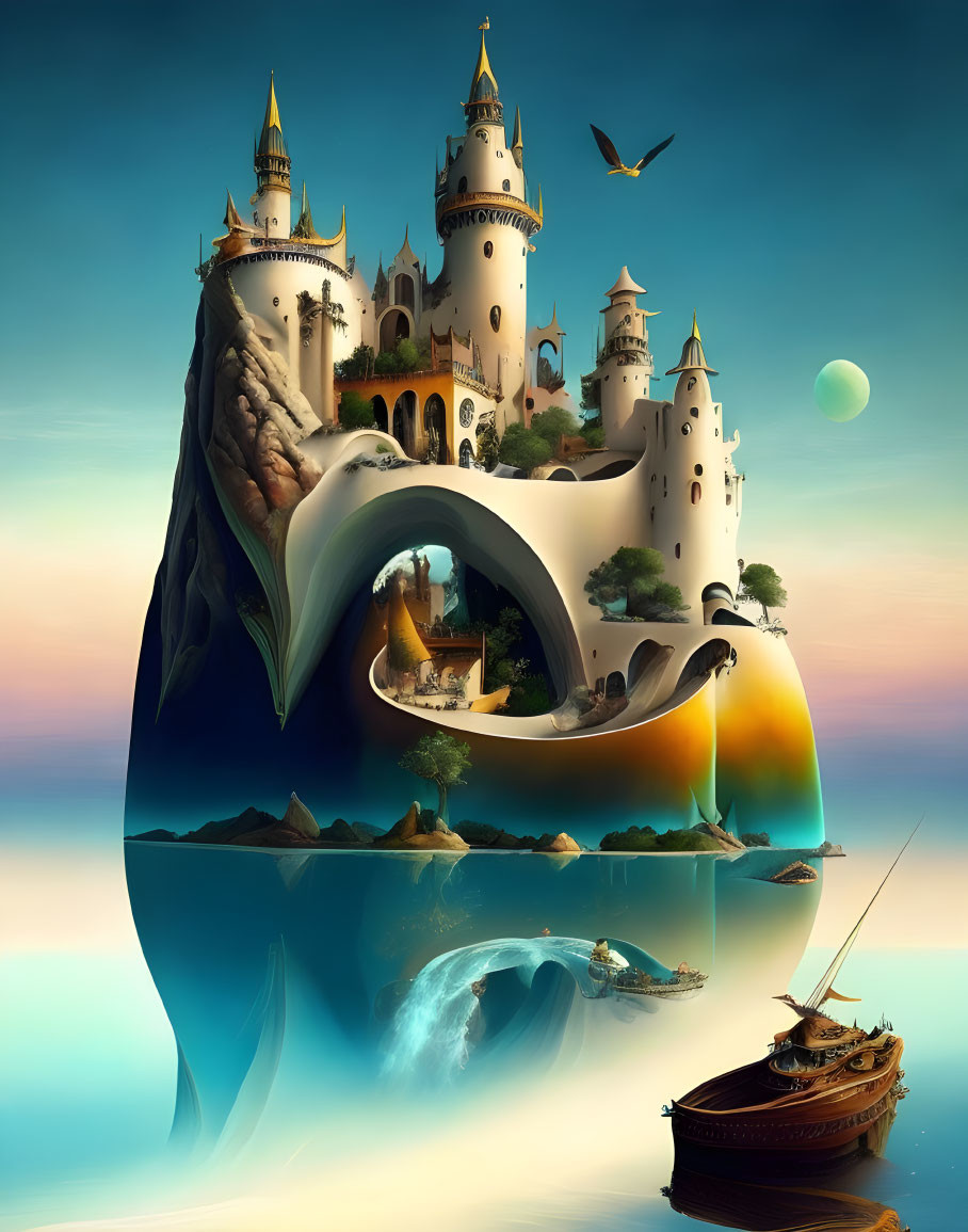 Fantasy landscape with surreal castle on floating island and dolphins in reflective water