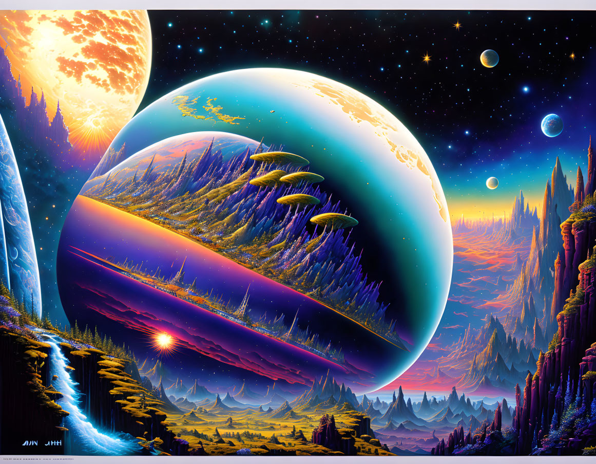 Colorful sci-fi landscape with waterfall, alien plants, and giant planets in the sky