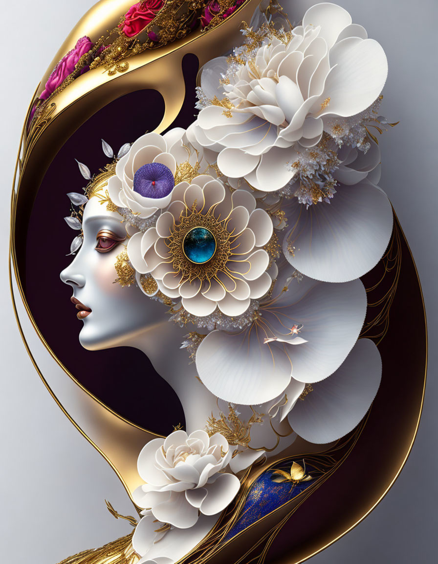 Detailed Stylized Female Profile with Ornate Floral Motifs and Blue Eye